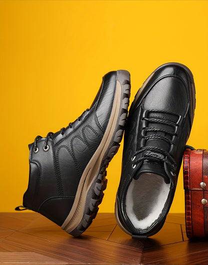 Men'S Stylish Black Leather High-Top Boots - Casual, Fashionable, Business-Ready with Lace-Up Closure, Rubber Sole, and Round Toe Design for Winter Sports and Daily Wear, Winter Boots|Stylish High Boots|Laceup Boots
