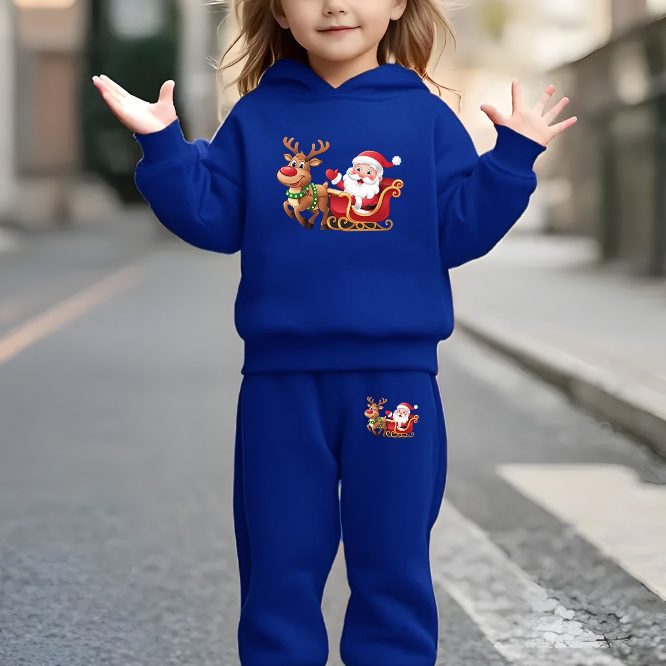 2pcs Girls & Boys Winter Warm Pink Hoodie & Pants Set - Bright Pink Christmas & New Year Outfit with Santa Reindeer Snowman Print, Elastic Waist Matching Sweatsuit for Kids 6-12 Years (Height 120-160cm), Boys & Girls Clothing