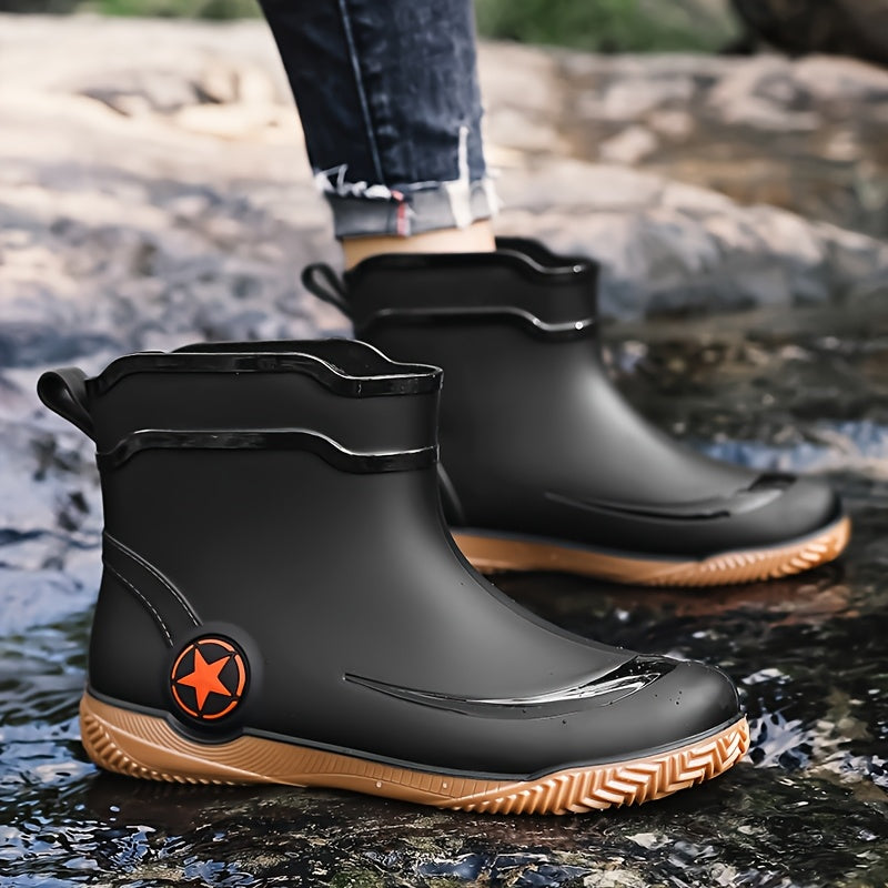 Men's Slip-On Rubber Rain Boots with Thick Sole - Mid-Calf