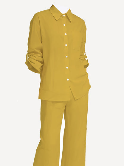 Women’s Casual Cotton Long-Sleeve Top & Wide-Leg Trousers Set