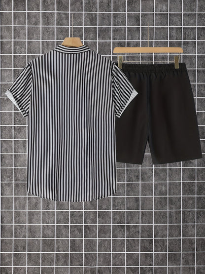 Men's Summer Printed Button-Up Shirt & Shorts Set