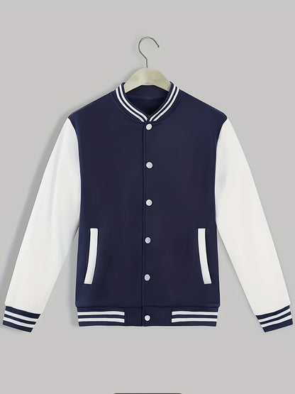 Տղամարդու ամենօրյա բեյսբոլի բաճկոն - ոճային սև՝ սպիտակ շերտերով, կոճակներով, երկար թևքերով, իդեալական է գարնան և աշնան համար, ամենօրյա հագուստ, ամենօրյա հագուստ | Բեյսբոլի բաճկոն | Constructio