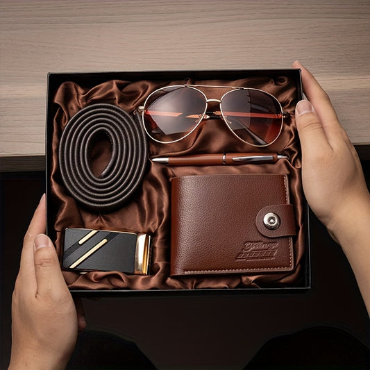 5pcs Men's Business Gift Box Set (with Gift Box). The Gift Box Includes Fashion Glasses, Wallet, Ballpoint Pen, Belt, and Buckle. Very Suitable for Father's Day, Valentine's Day, Thanksgiving, Etc., Suitable for Birthday Gift