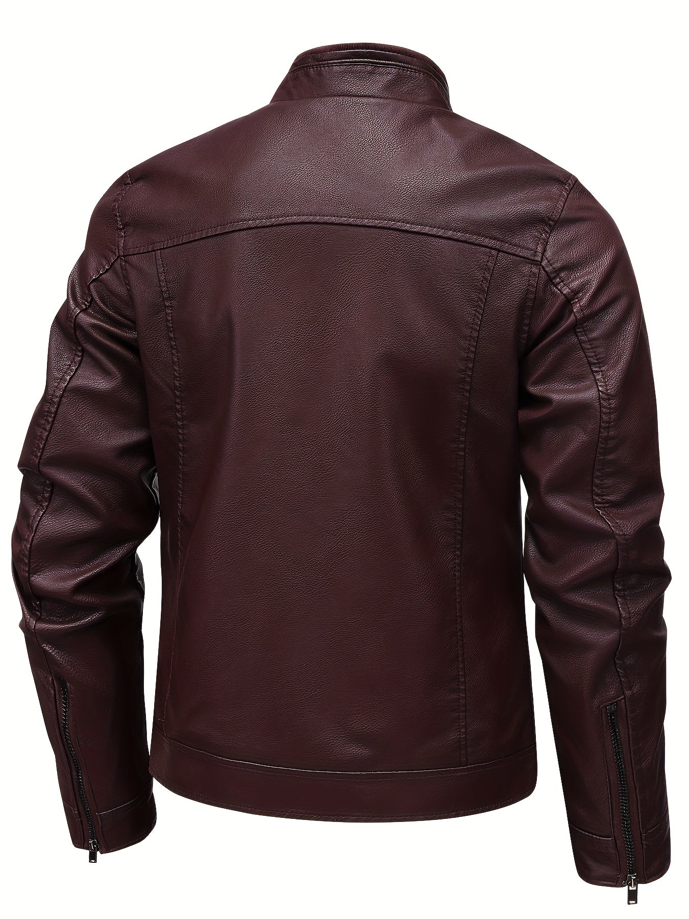 Men's Stylish Burgundy Jacket - Fall/Winter Trendy Stand Collar Biker Jacket with Multiple Zippered Pockets, Casual Design for Casual Attire, Fall Jacket | Modern Casual Jacket | Glossy Finish Jacket - ayq