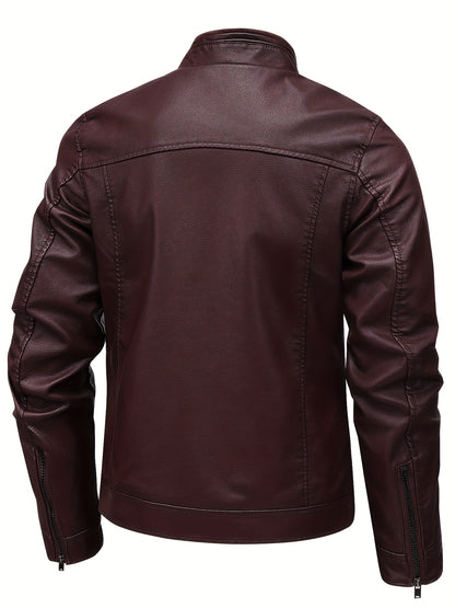 Men's Stylish Burgundy Jacket - Fall/Winter Trendy Stand Collar Biker Jacket with Multiple Zippered Pockets, Casual Design for Casual Attire, Fall Jacket | Modern Casual Jacket | Glossy Finish Jacket - ayq