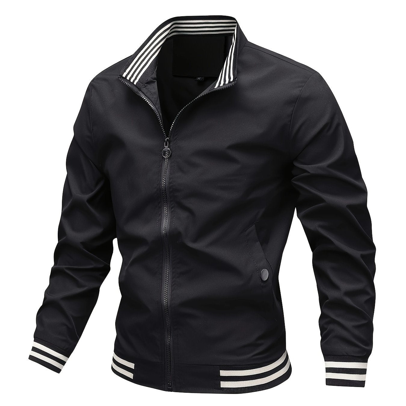 Men's Stand Collar Long Sleeve Zip Up Sports Jacket With Contrast Trim Design, Men's Spring Fall Outwear, As Gifts