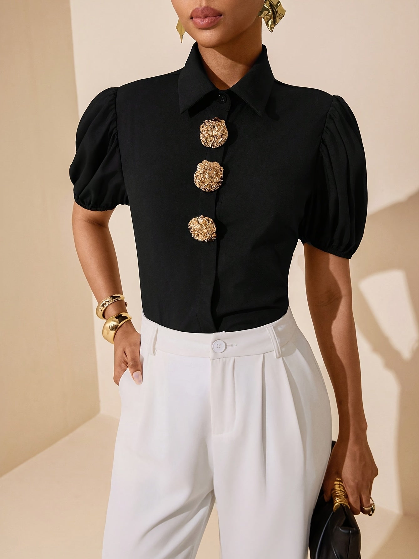 Women's Elegant Solid Color Puff Sleeve Shirt with Metal Buttons
