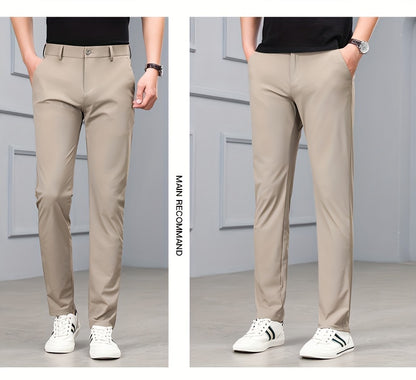 Men's Slim-Fit Stretch Casual Pants with Multiple Pockets - Waterproof, UV Protection, Light Gray, Straight Leg, Nylon Blend for Spring/Fall, Button Closure, Comfortable & Stylish Design, Everyday Comfort Pants | Modern Casua