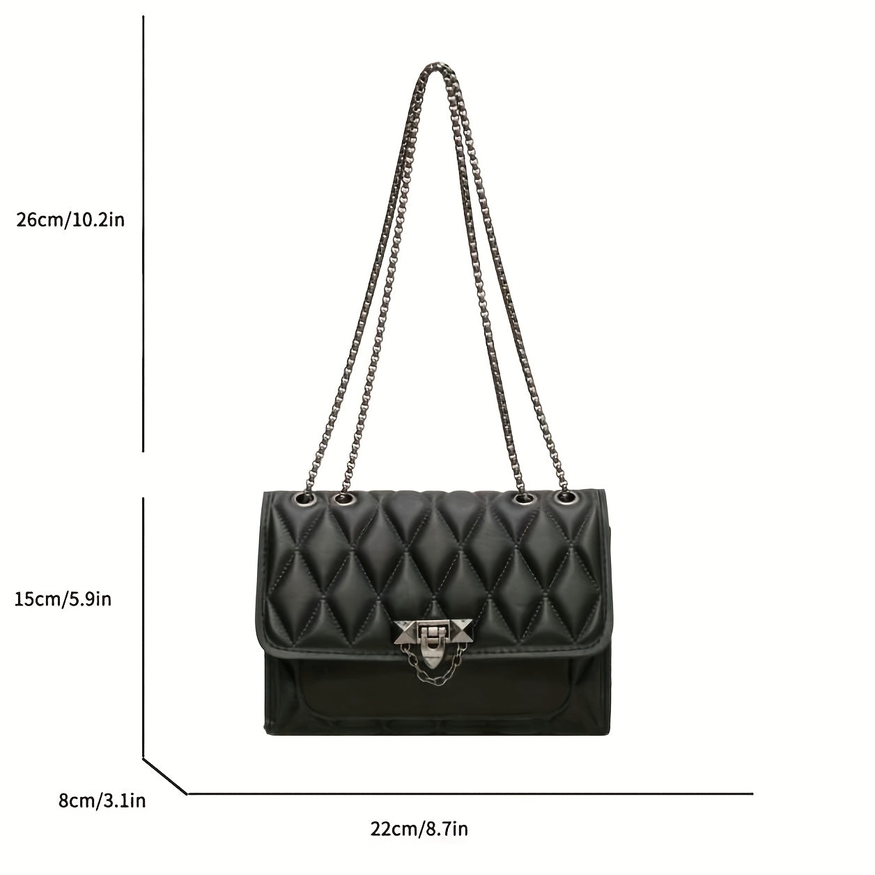 Կանացի սև վանդակավոր, խաչաձև պայուսակ, նորաձև, շղթայական ժապավենով ուսի պայուսակ, սառը սեղմված կարվածքով, բացվող կափարիչով, PVC-ով պատված սինթետիկ կաշվե ձեռքի պայուսակ, հարմար է կանանց համար - Քաղաքային ոճ