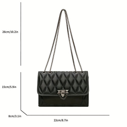 Կանացի սև վանդակավոր, խաչաձև պայուսակ, նորաձև, շղթայական ժապավենով ուսի պայուսակ, սառը սեղմված կարվածքով, բացվող կափարիչով, PVC-ով պատված սինթետիկ կաշվե ձեռքի պայուսակ, հարմար է կանանց համար - Քաղաքային ոճ