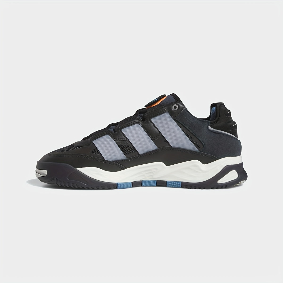 Adidas Niteball Low-Top Sneakers for Men  Women - Striped Casual Shoes with Genuine Leather Upper, Breathable Fabric Lining  Rubber Sole, Black/Blue/Orange Accents (FZ5742), Athletic Footwear, Modern Triptych Design, Durabl