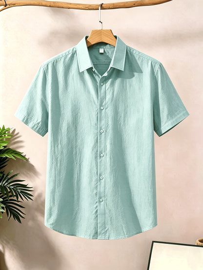 Men's Casual Button-Up Shirt, Cotton-Linen Blend, Short Sleeve