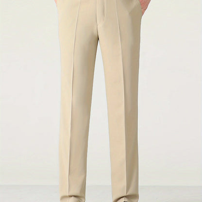 Men'S Solid Color Straight Leg Casual Business Casual Pants, Regular Length, Slight Stretch Polyester Fabric, with Pocket, for Spring/Fall