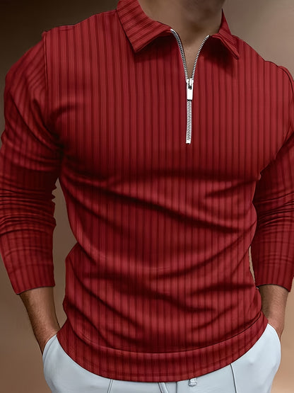 Men's Casual Sports Ribbed Long Sleeve Zipper Lapel Golf Shirt, Spring And Fall