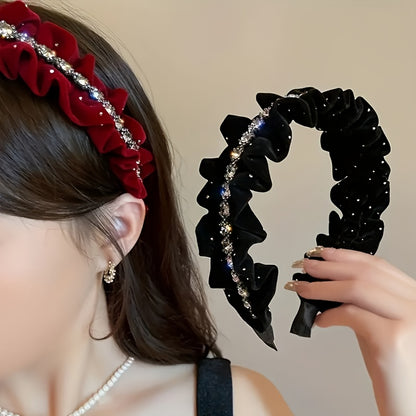 1/2pcs New Style Velvet Ribbon Hairband with Rhinestone Chain & Fold Design for s' Casual Attire