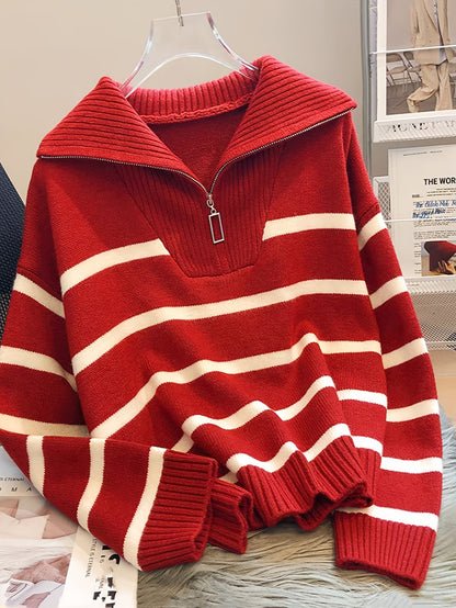 Elegant Striped Zip-Up Knit Sweater - Cozy Acrylic & Polyester Blend, Perfect for Fall/Winter, Cozy Sweater