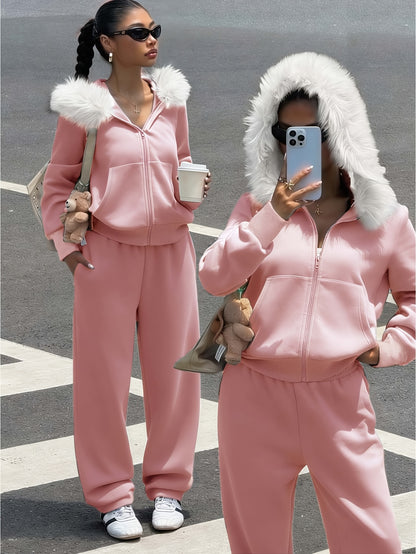 Women's Casual Polyester Hoodie & Wide-Leg Pants Set - ayq