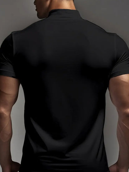 Men's Summer Classic Half-High Neck Casual T-Shirt - Solid Black, Regular Fit, Breathable  Versatile for Casual Attire, Office, or Social Events, Summer T Shirts, Quality Fabric Shirt