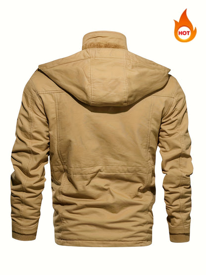 Men'S Winter Fleece-Lined Military-Style Jacket - Thickened Zip-Up Coat with Large Pockets, Olive Green Casual Winter Coat for Outdoor Activities, Winter Coats, Durable Fabric Coat