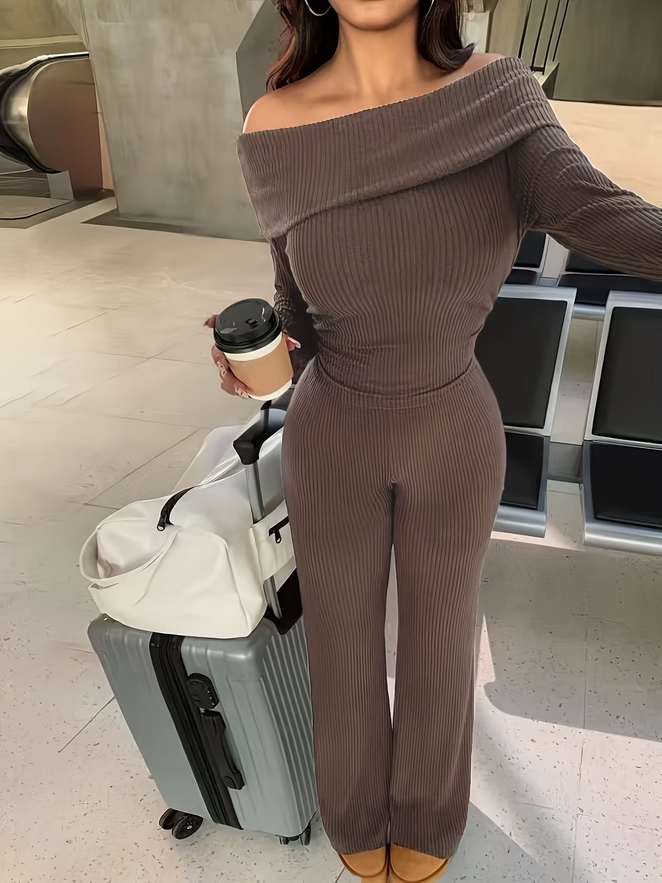 Autumn And Winter Solid Color Two-Piece Set, Sexy Off-The-Shoulder Top + Wide-Leg Flared Pants Suit, Elastic And Soft Ribbed Fabric, Machine Washable