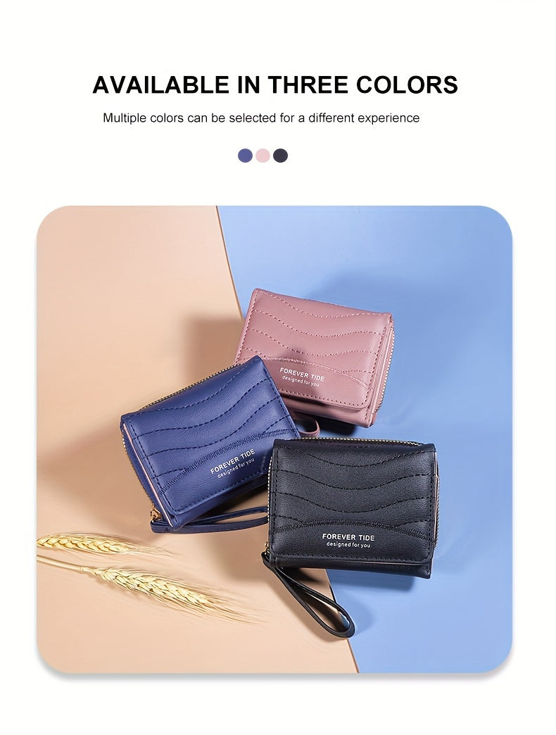 2024 New Women'S Short Wallet, Korean Style Zippered Coin Purse, Simple Design, Tri-Fold Multifunctional Faux Leather Card Holder.