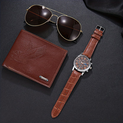 Տղամարդու 3 նորաձև և գրավիչ ժամացույցների, ակնոցների և դրամապանակի հավաքածու, որը հիանալի է տոների և հատուկ առիթների ժամանակ, ինչպիսիք են Շնորհակալության օրը, Հայրերի օրը, ծննդյան տոները և այլ հիշատակի տոնակատարությունները կրելու համար։