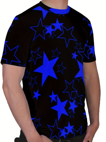 Men's Allover Color Blocking Stars Pattern Short Sleeve Crew Neck T-shirt For Summer, Casual Stylish Tee As Gift