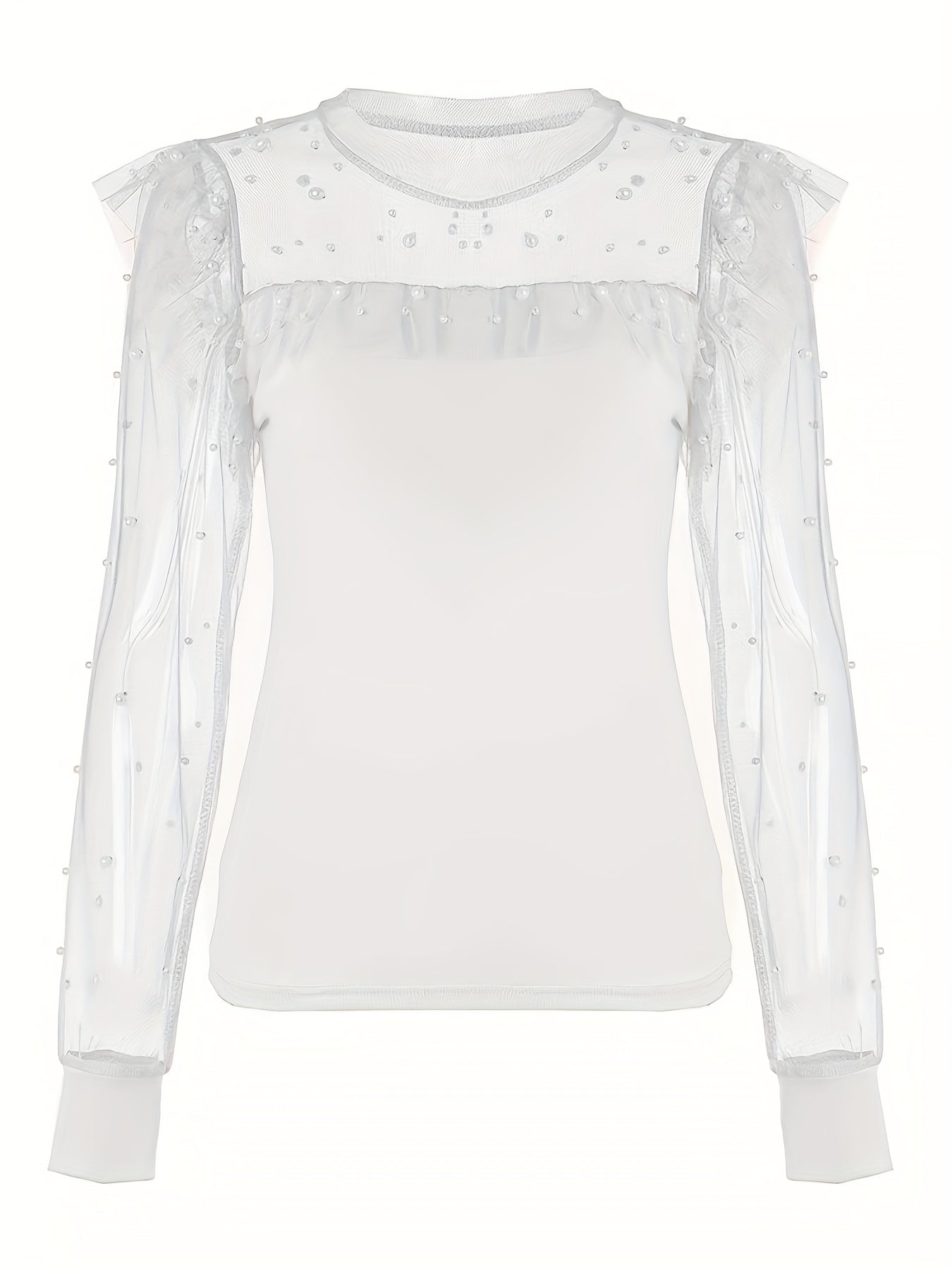 Women's Elegant Pearl-Embellished Long Sleeve T-Shirt with Mesh Panel Detailing - Semi-Sheer Round Neck Top, Medium Stretch & Machine Washable for Spring Summer Fall Casual Wear, Seasonal Fashion, Chic Fabric Mix