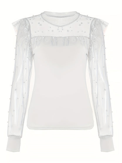 Women's Elegant Pearl-Embellished Long Sleeve T-Shirt with Mesh Panel Detailing - Semi-Sheer Round Neck Top, Medium Stretch & Machine Washable for Spring Summer Fall Casual Wear, Seasonal Fashion, Chic Fabric Mix