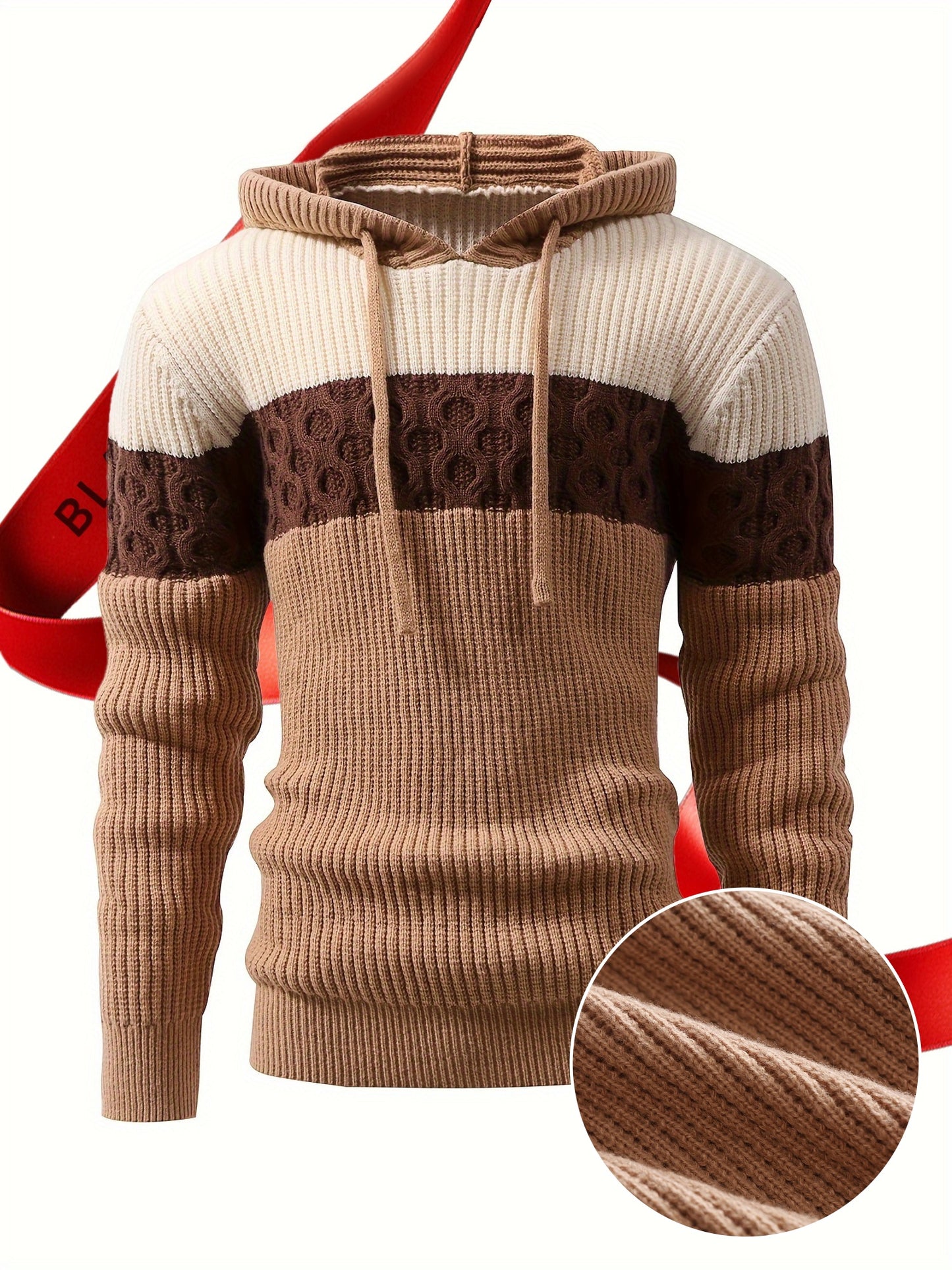 Men'S Color-Blocked Jacquard Knit Warm Hoodie