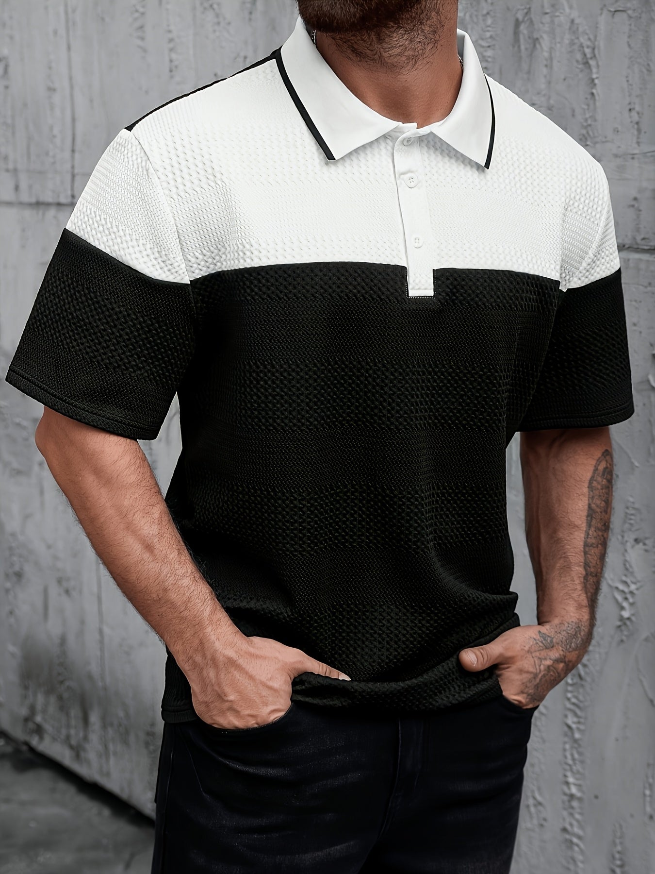 Men's Summer Casual Polo Shirt with Color Block and Stripes