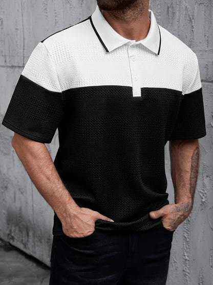 Men's Summer Casual Polo Shirt with Color Block and Stripes