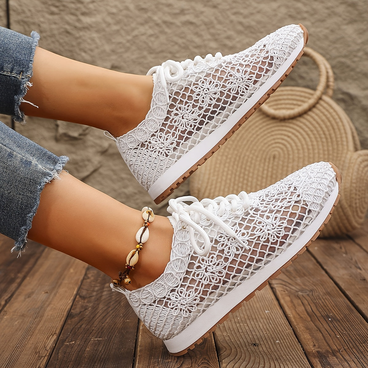 Women's Summer Solid Color Lace-Up Mesh Casual Shoes, Breathable Fabric with Rubber Sole, Net Fabric