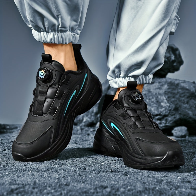 Men's Warm Fleece-Lined Casual Running Shoes - Stylish Black with Blue & Turquoise Accents, Durable Rotating Buckle Closure, Comfortable Non-Slip Sole for Hiking & Outdoor Activities, Fall/Winter