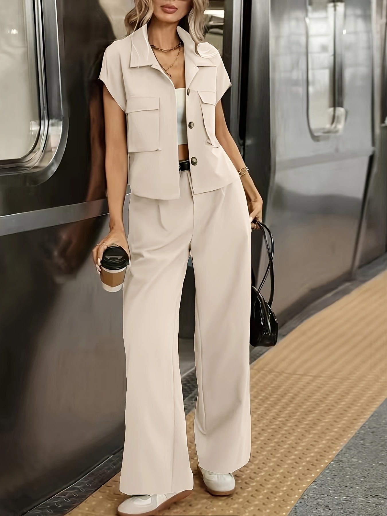 Women's Casual Solid Color Shirt and Pants 2pcs Set, Spring Summer 2pcs Set: Solid Color Button-Up Short Sleeve Top and Pocket Pants, Women's Casual Elegant Spring Summer 2pcs Outfit, Women's Outing and Date Wear, Spring Summ - ayq