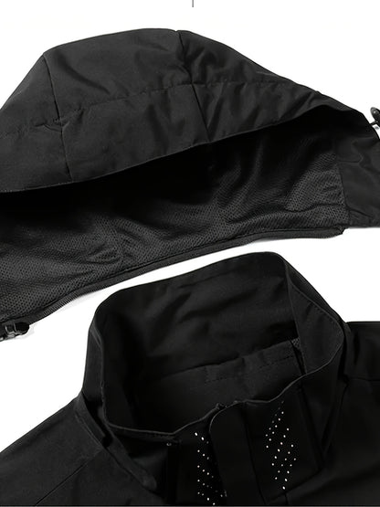 Men's Hooded Casual Windbreaker Jacket - 100% Polyester, Non-Stretch Woven Fabric, Long Sleeve, Regular Length, Alphabet Pattern, Zippered Pockets, Detachable Hood - All-Season Outdoor Lightweight Coat