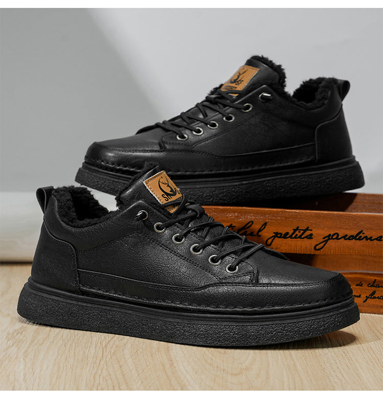 Men's Winter Warm PU -Like Hiking Sneakers with Plush -Like, EVA Cushioned Sole & Rubber Traction Tread - Low-Top Lace-Up Outdoor Shoes for Ice, Snow, Casual Wear (Black/Brown) - Cold Weather