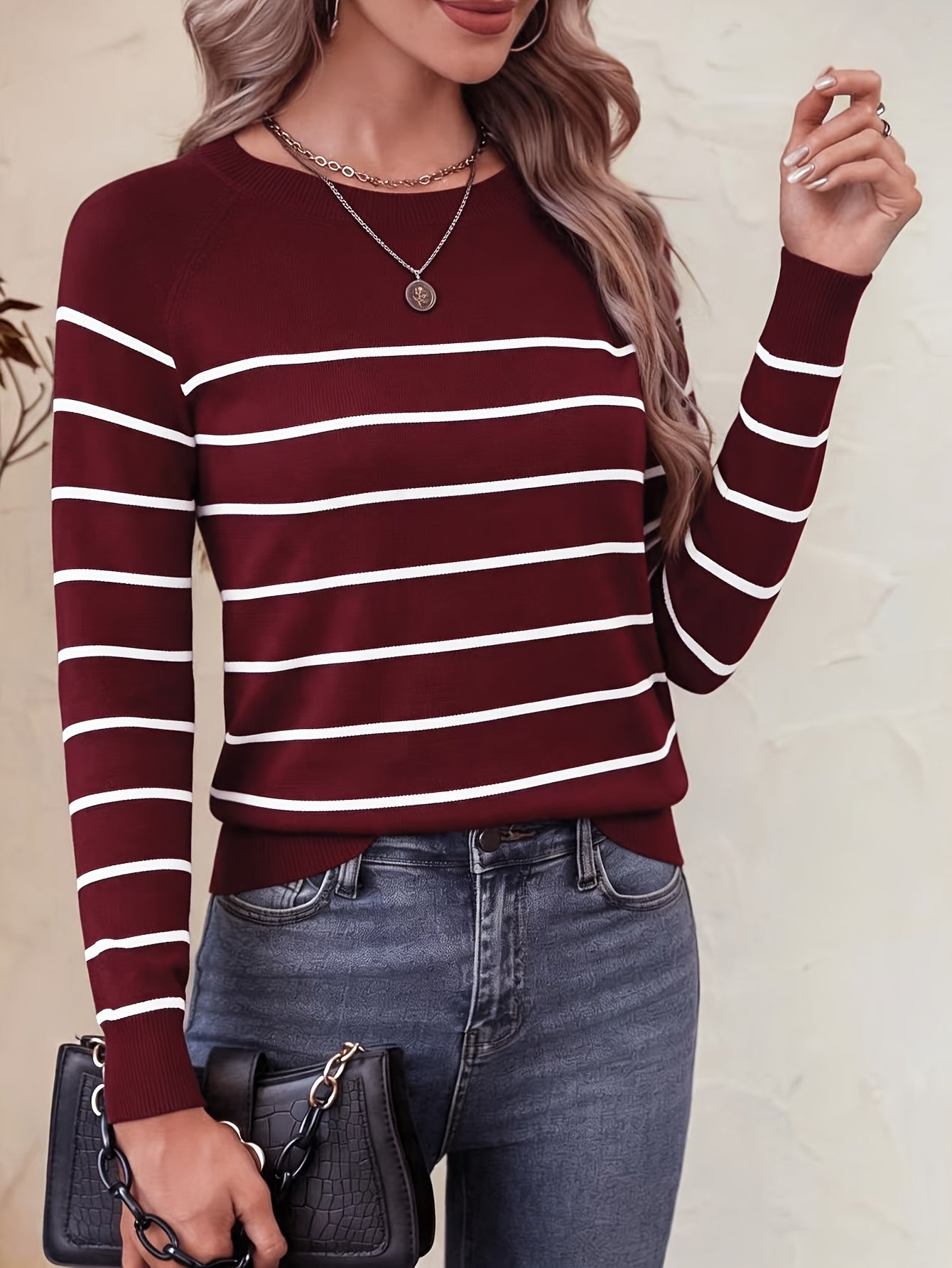 Women's Casual Striped Round Neck Pullover Sweater