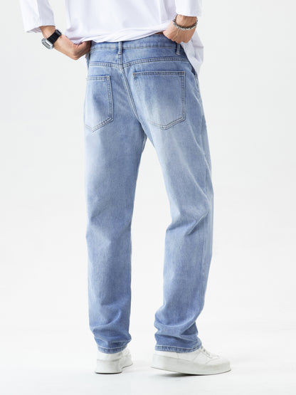Men's Solid Denim Pants With Pockets, Stylish Cotton Blend Jeans For Outdoor Activities