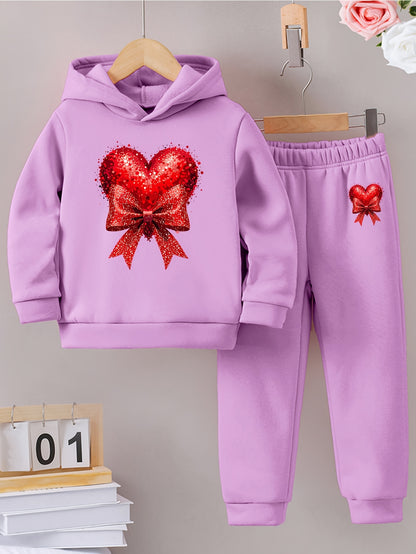 Girls' Autumn and Winter Thickened Hoodie Sports Two-Piece Set, Red Heart Bow Print Hoodie + Pants Outfit, Soft Light Beige-Friendly Fabric, Comfortable Warm Non-Shedding, Suitable for Outdoor Play, School, Holiday Gatherings