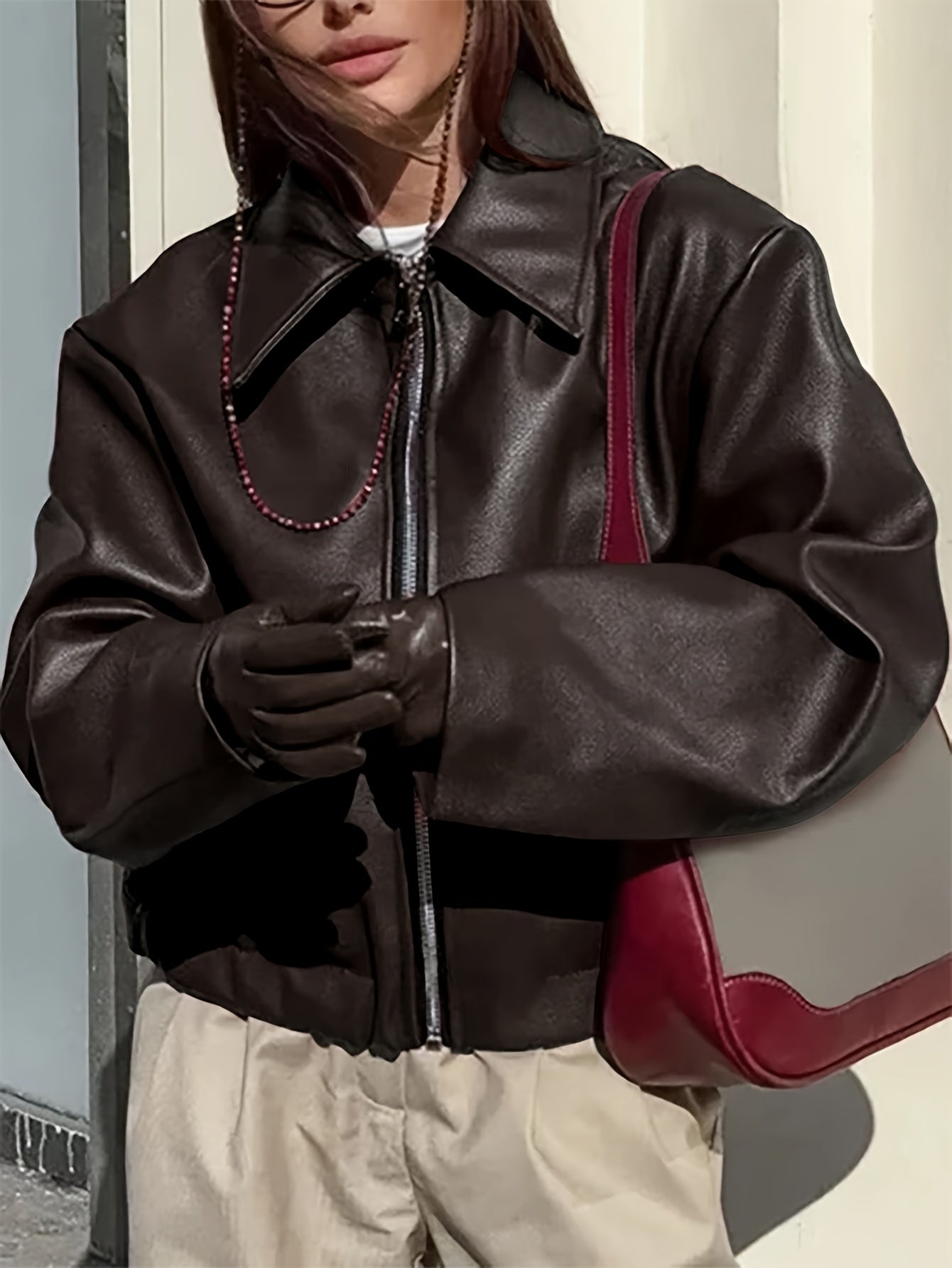 Women's Retro Motorcycle Jacket - Coat with Collar & Classic Black/White/Grey/Brown Tones - All-Season Casual Outerwear (Machine Washable) for Motorcycle Riding & Casual Attire - Non-Stretch Jacket