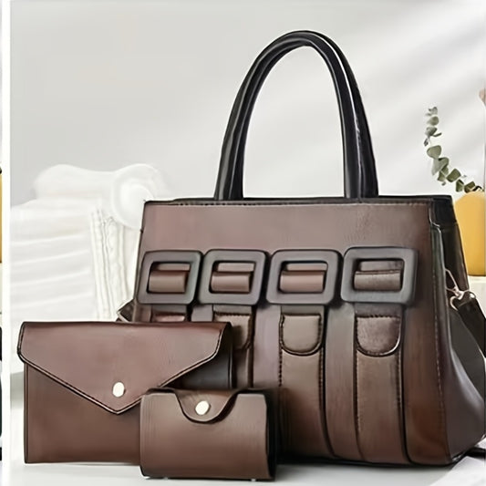 Women’s 3-Piece Faux Leather Handbag Set with Adjustable Strap