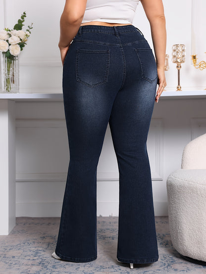 Plus Size Flare Leg Plain Washed Casual ոճի կայծակաճարմանդ կոճակով փակվող ջինսե տաբատ, կանացի ջինսե ջինսեր և հագուստ