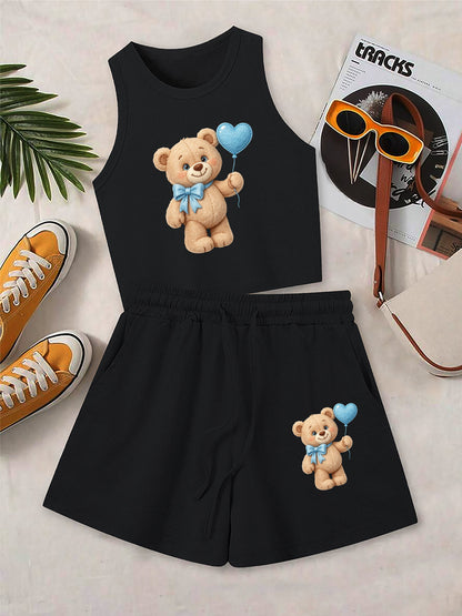 Casual Women's Two-Piece Vest and Shorts Set with Pattern Print