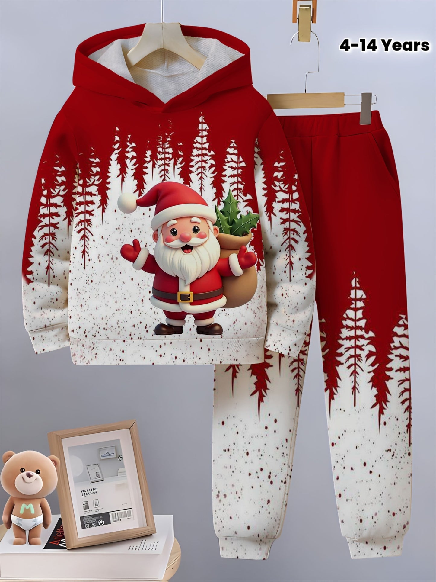 Boys' & Girls' 3D Hooded Sweatshirt & Pants Set - Santa Claus & Snowman Print, Loose Fit Long Sleeve Pullover with Pockets, Red & Winter Outfit for 4-14 Years, for Outdoor, Christmas, Halloween, Thanksgiving, New Year's, Wint