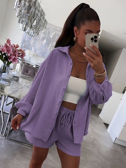 Women's Cotton Cardigan & Shorts Set Casual Long Sleeve