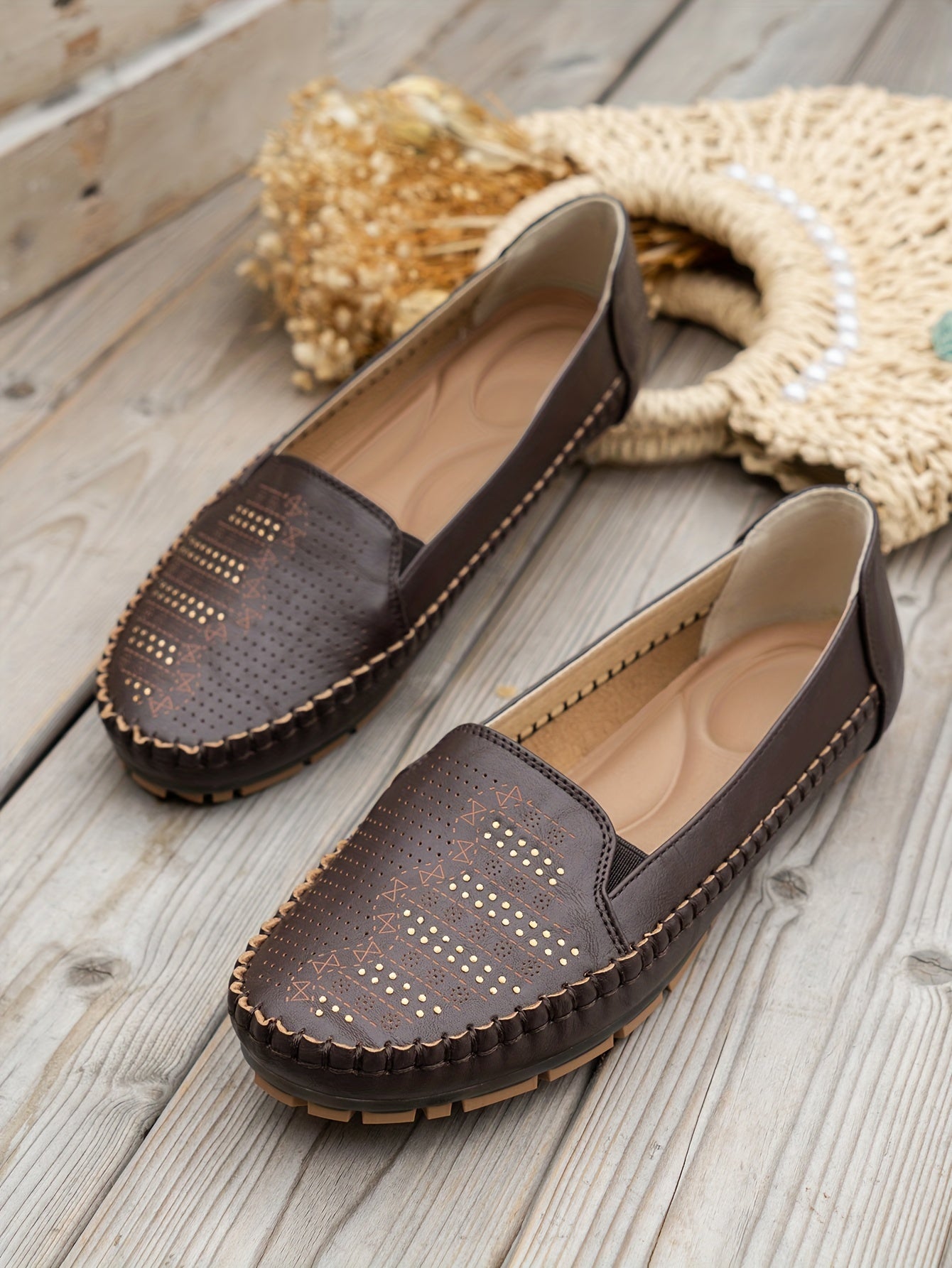 Women's Retro Perforated Flat Shoes, Comfy Breathable Round Toe Slip On Shoes, Casual Outdoor Loafers