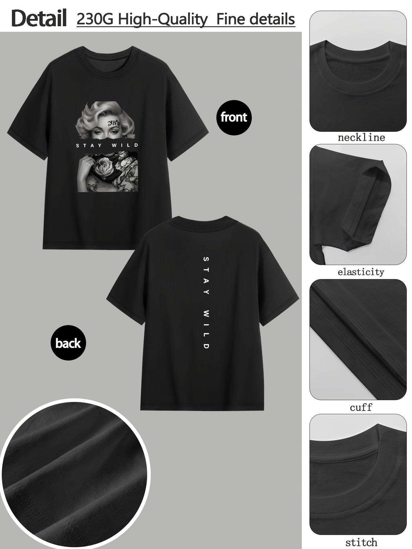 Women's Casual Cotton T-Shirt with Retro Portrait Print