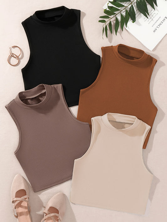 Solid Color Tank Top 4 Pack, Versatile Sleeveless Mock Neck Simple Top For Spring & Summer, Women's Clothing