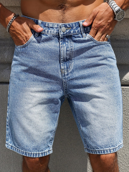 Men's Casual Denim Shorts - Knee-Length, Non-Stretch, Machine Washable - Perfect for Everyday & Leisure